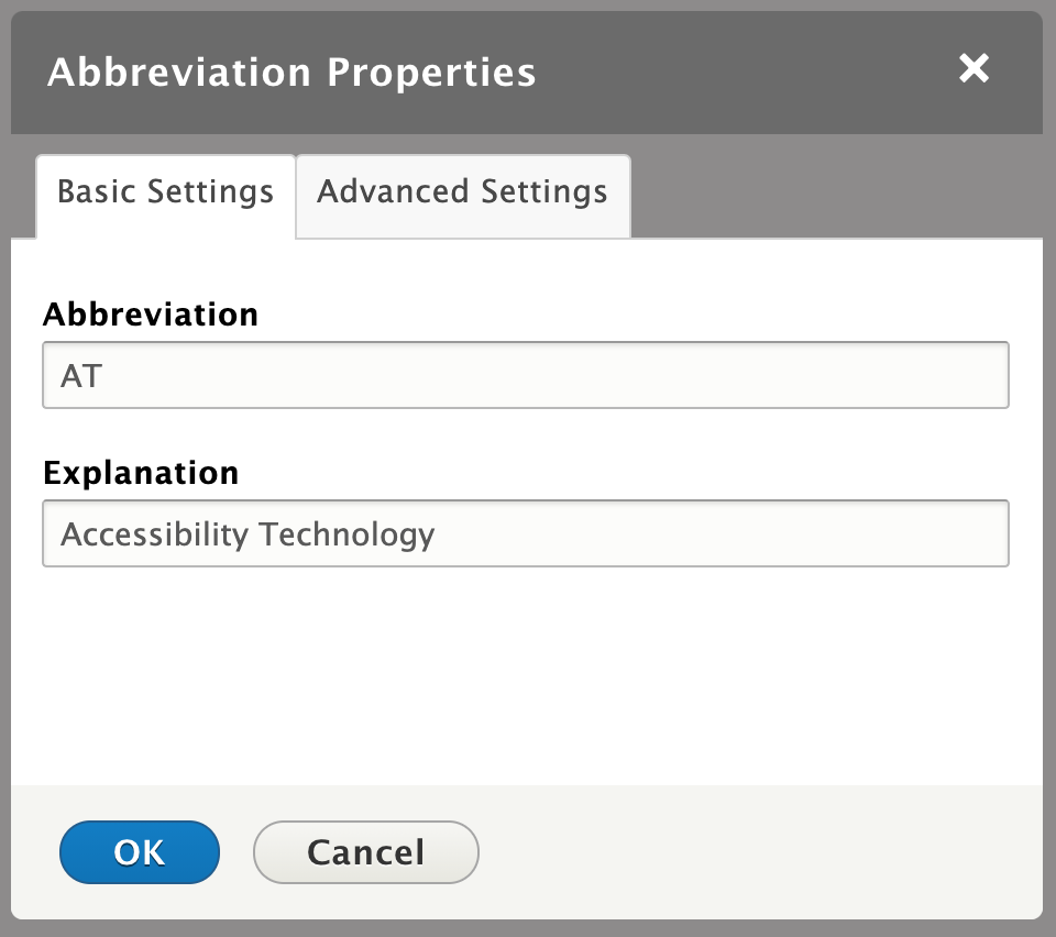 Abbreviation properties modal window